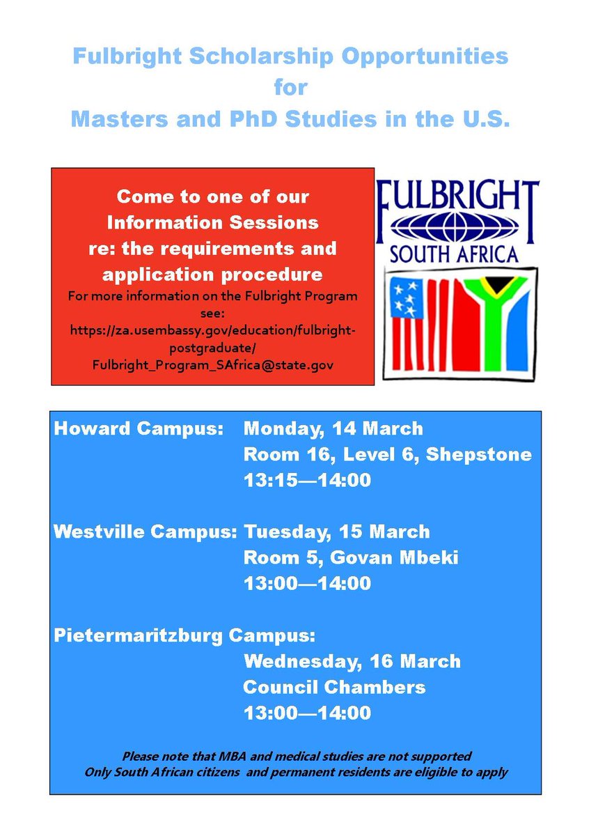 Dear UKZN
Please take note of the Fulbright Student Scholarship Program Information Sessions.