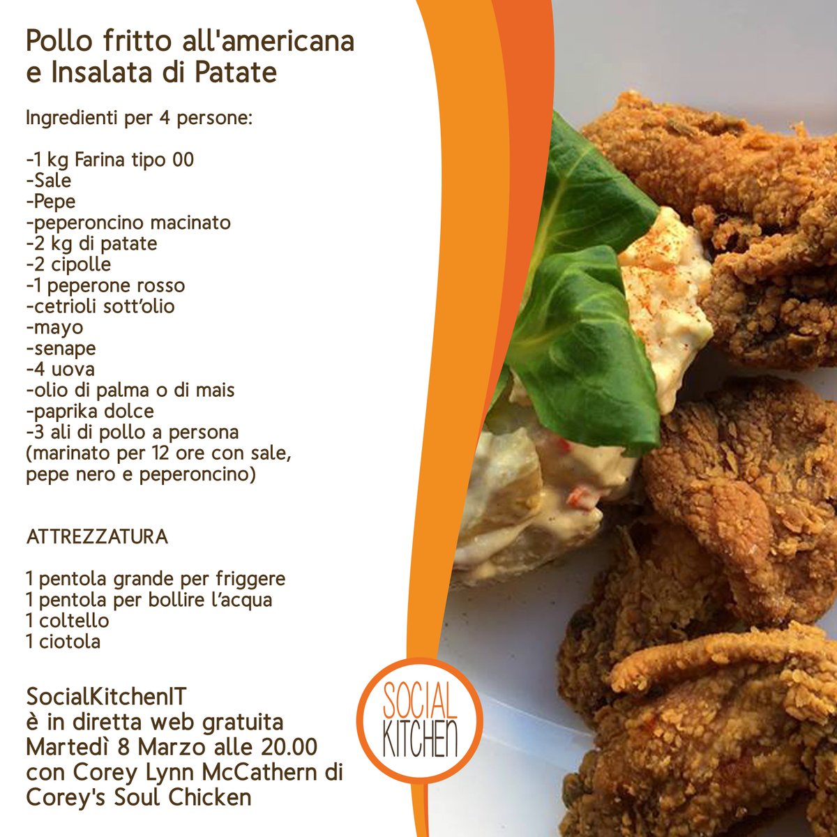 SocialKitchenIT's tweet photo. Cucina e chatta gratuitamente con @CoreySoulChickn Chicken! Questa sera alle 20.00 su #SocialKitchenIT https://t.co/dp5o9IaXzy