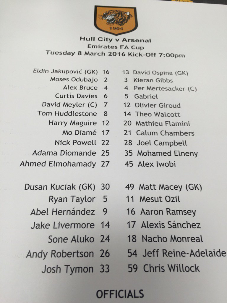 johncrossmirror's tweet photo. Hull v Arsenal team sheet https://t.co/WswP0Q06SM