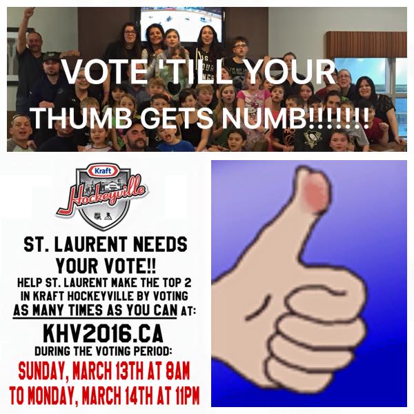 rwbergman's tweet photo. Vote for St. Laurent in the Kraft Hockeyville competition this weekend. @RivertonCI https://t.co/DVqYksoX8j