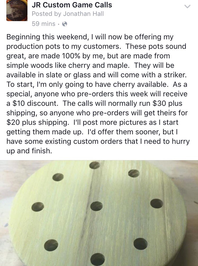 JRCustomCalls's tweet photo. Get your preorders in for a limited time price of $20 plus shipping. #turkeycalls #springturkey #turkeyseason https://t.co/BH9Tew2I76