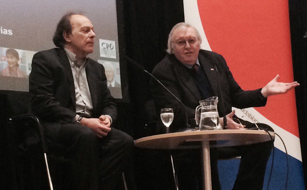 PoppyN's tweet photo. Javier Marías on stage at the LSE talking about THUS BAD BEGINS this evening. #lsemarias https://t.co/DbuIDLRmgm