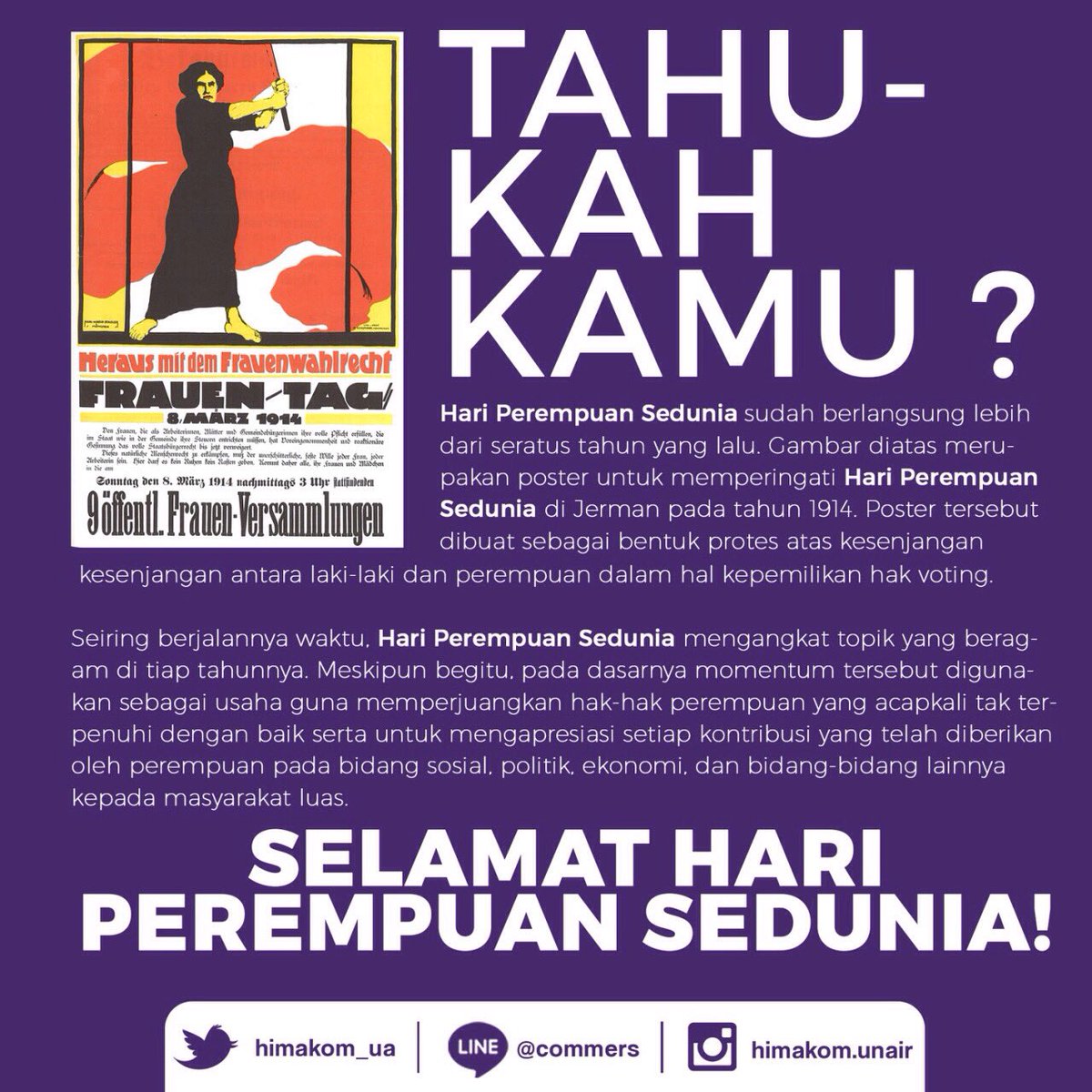 Oh iya, today's International Women's Day! Ada fakta menarik loh mengenai hari ini. Cek foto dibawah ini, yuk.
