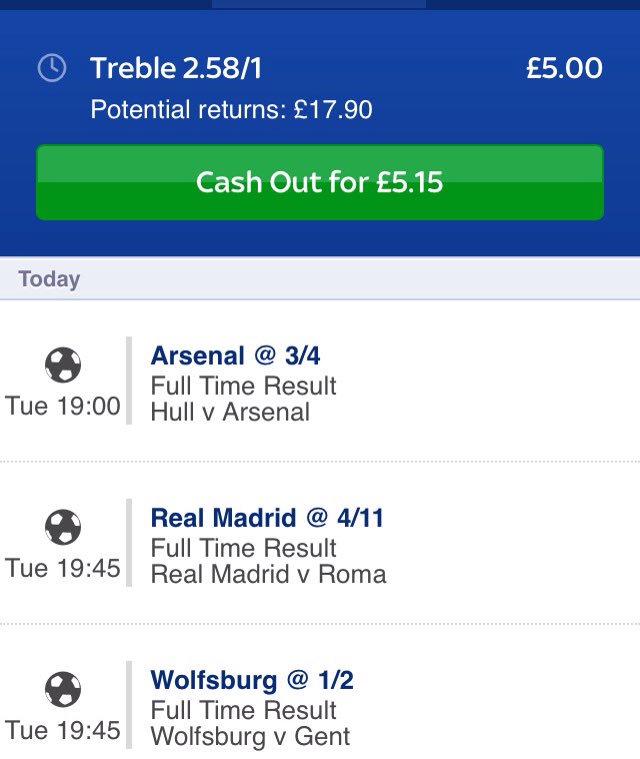 valueinves1ng's tweet photo. £10 to £100 challenge: bet # 1- Arsenal, Wolfsburg and Madrid all to win @ 2.58/1. £5 returns £17.90 https://t.co/HMbZ9oh9PQ