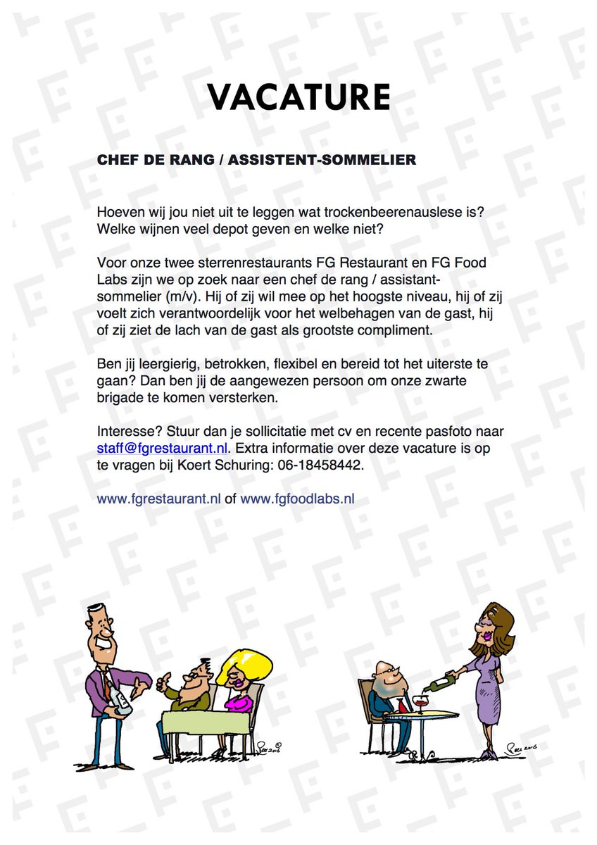 FG Vacature voor chef de rang / assistent-sommelier #newjob #uitdaging