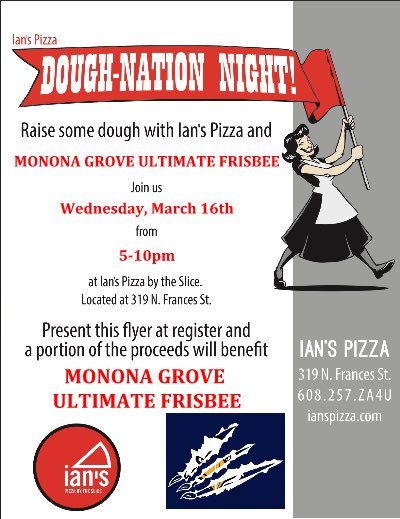 Join us next Wednesday <a href="/IansMadison/">Ian's Pizza Madison</a> on Frances St for some pizza! Be sure to show them this flyer #MGUatIans