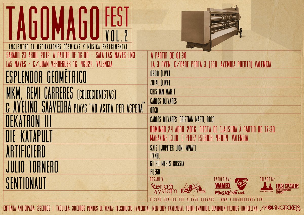 VerlagSystem's tweet photo. Entradas #TagomagoFest vol II en #Flexidiscos #Monterey (VLC) @DeadMoonRex (BRC) @ROTORDISCOS (MAD) @movingtickets https://t.co/6N9lPC7gPi