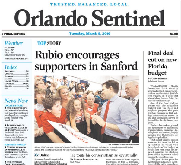 TeamMarco's tweet photo. .@marcorubio on front pages across Florida this morning! #FLPrimary #FLforMarco https://t.co/diZdPJnogX