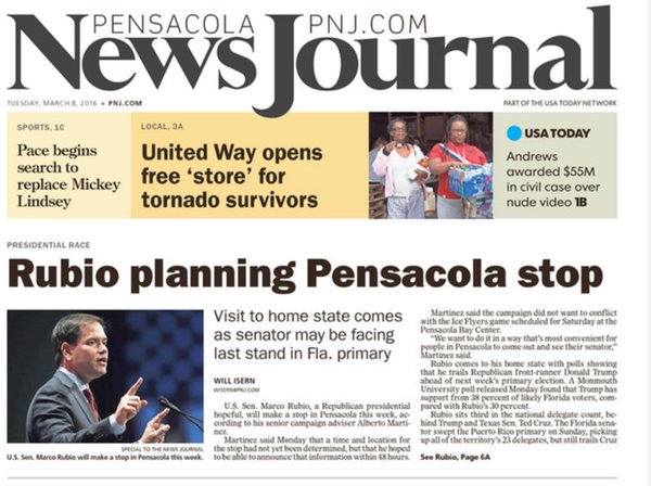 TeamMarco's tweet photo. .@marcorubio on front pages across Florida this morning! #FLPrimary #FLforMarco https://t.co/diZdPJnogX
