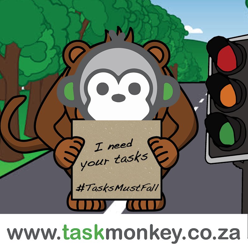 TaskMonkeyZA's tweet photo. Too many chores? Keep your eyes peeled to the CBD traffic lights tomorrow for inspiration! #TasksMustFall #Money4 https://t.co/9nWSkBcOjG