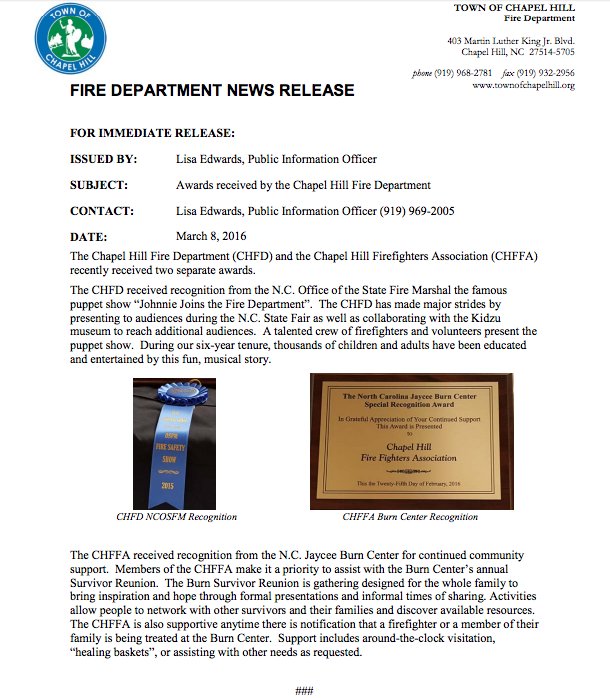 Chapel Hill Fire (@chapelhillfd) on Twitter photo CHFD and the CHFFA recently received 2 awards for Public education and assisting the burn center. <a href="/chapelhillgov/">Town of Chapel Hill | A Place for Everyone</a> CHFD and the CHFFA recently received 2 awards for Public education and assisting the burn center. <a href="/chapelhillgov/">Town of Chapel Hill | A Place for Everyone</a>