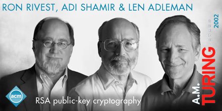 TheOfficialACM's tweet image. Len Adleman, Ron Rivest, and Adi Shamir developed the “RSA method,” now #PublicKeyCryptography. #TuringAward