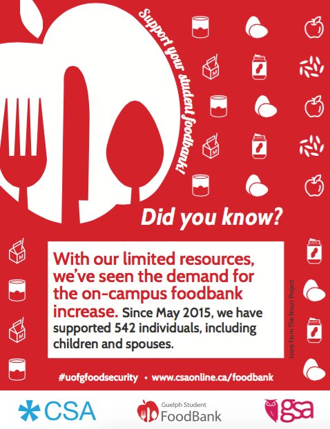 csaguelph's tweet photo. Have you checked out our CSA @StudentFoodBank Awareness Campaign? Stay tuned as we talk #foodinsecurity #CSAservices https://t.co/5JDXTRqV4m