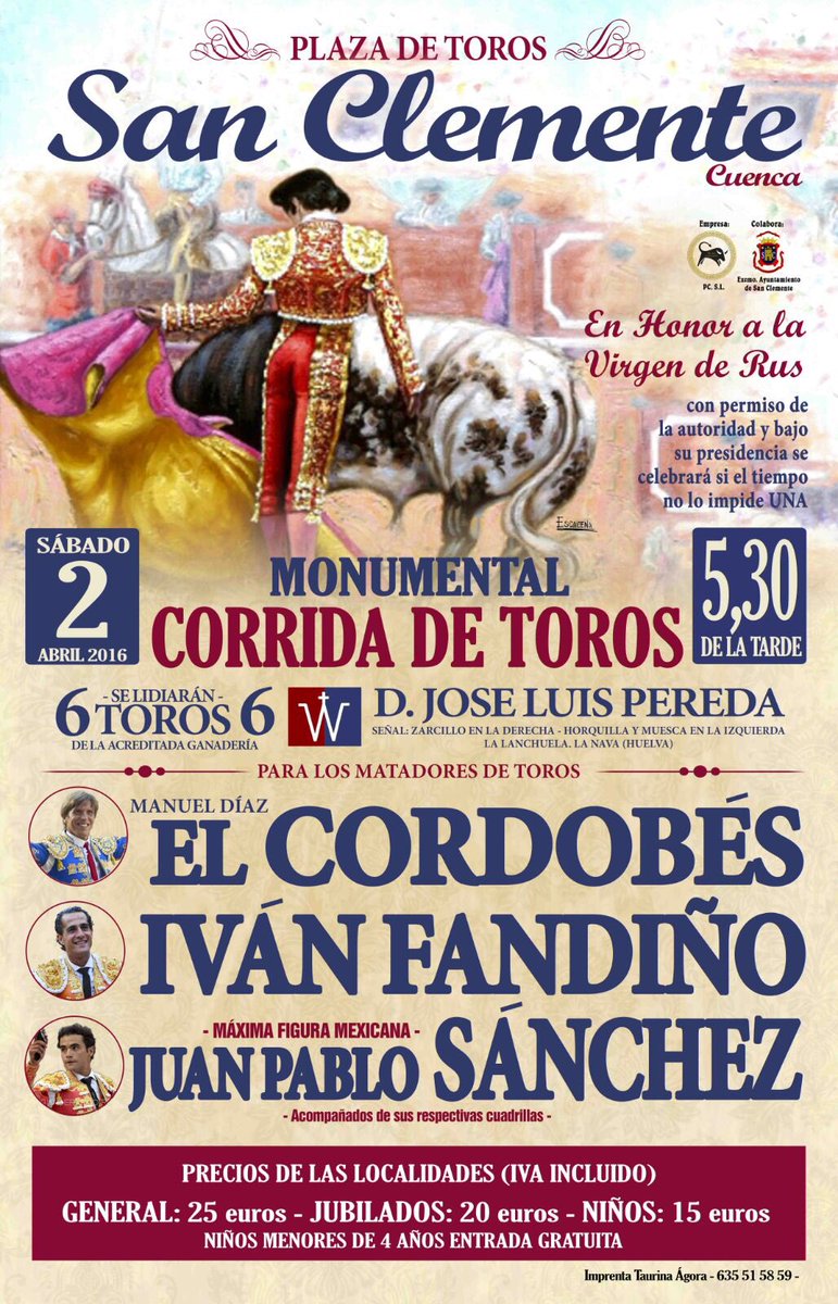 LilloHermanos's tweet photo. CARTELES CONFIRMADOS
2 de Abril 
San Clemente
Toros de @PeredaDehesilla
Para
@mdelcordobes 
@ivanfandino
@Matadorjps https://t.co/sc3lJBcJWP