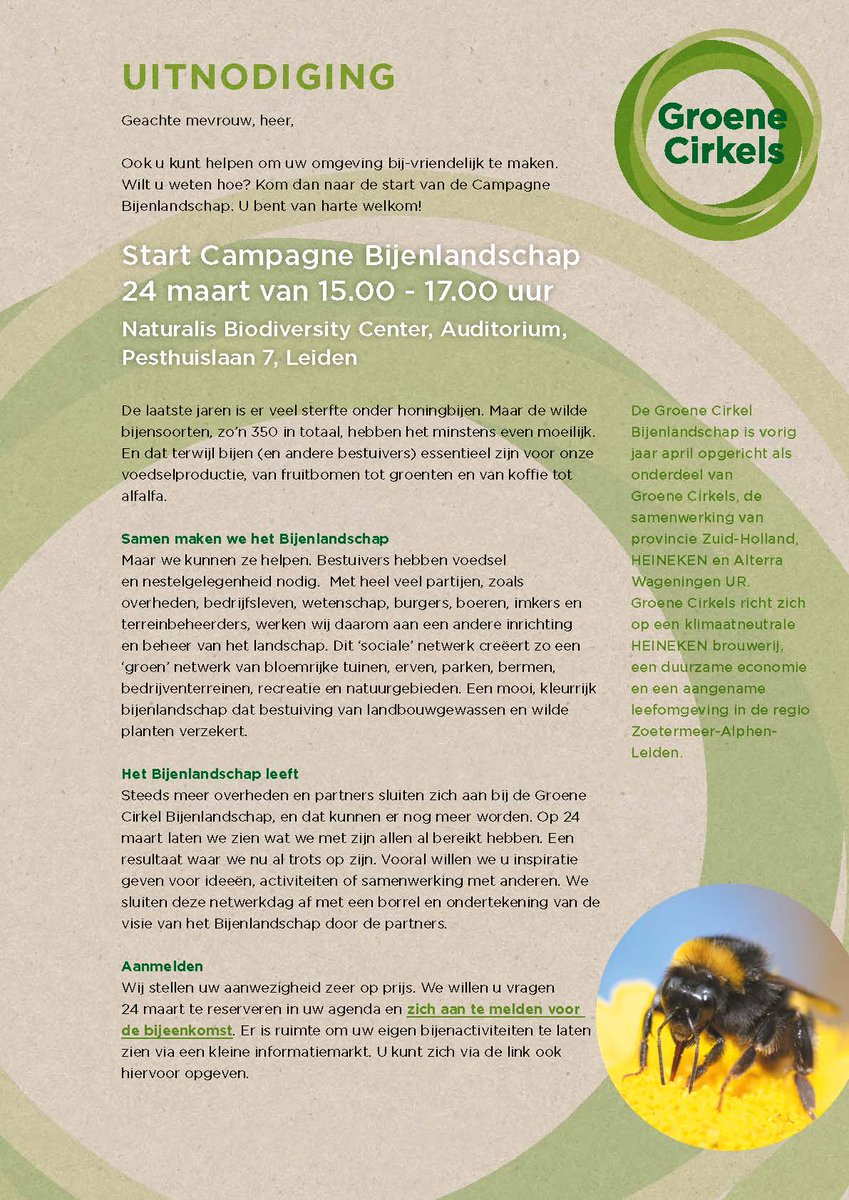 Wat kan jij doen? Kom 24/3 naar kickoff #Bijenlandschap #bijen <a href="/GroeneCirkels/">Groene Cirkels</a> <a href="/Heineken_NL/">Heineken NL</a> <a href="/ProvincieZH/">Zuid-Holland</a> @AlterraWUR