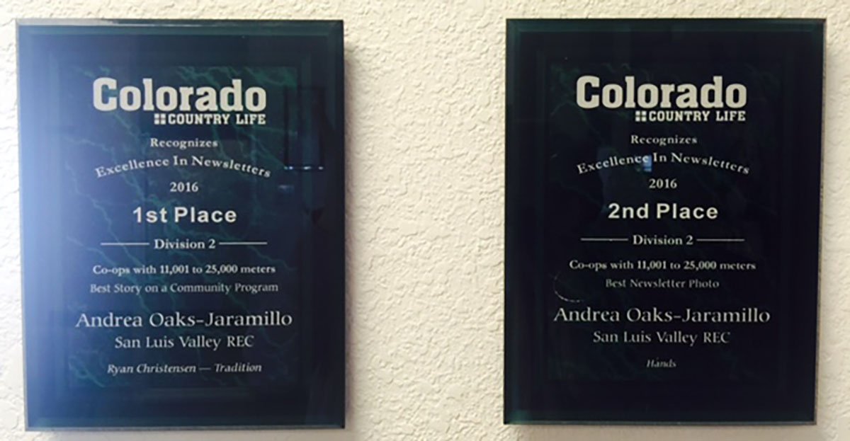 SLVREC's tweet photo. Awards from #ColoradoCountryLife! Thank you! #CREA #SLVREC @oaksjaramillo https://t.co/LOi2zX09Rh