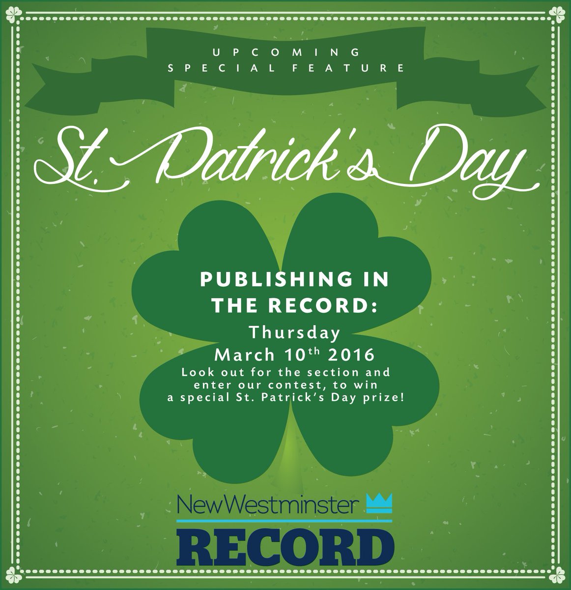 TheRecord's tweet photo. We're celebrating St. Patrick's day a little early. Pick up with week's #NewWest Record to enter to win some prizes! https://t.co/VvGS6G99Gv
