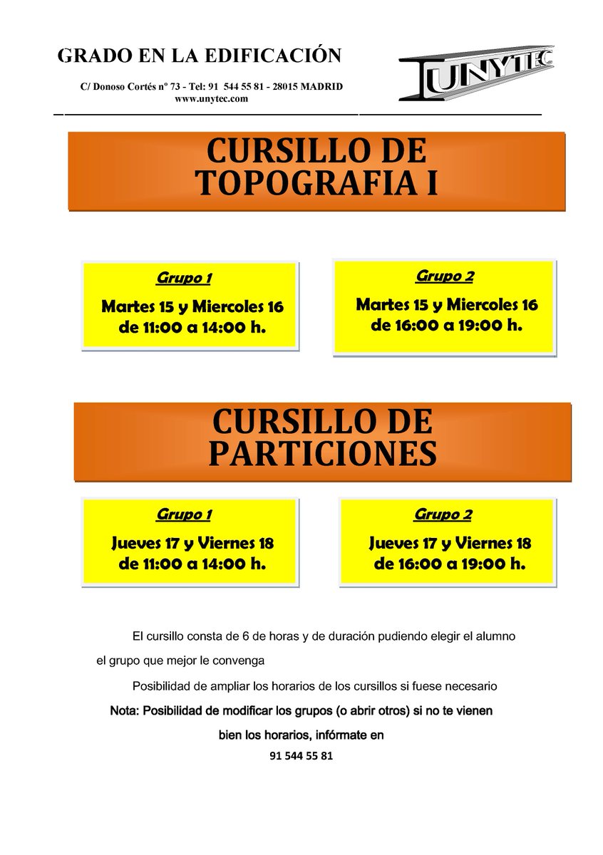 Buenas tardes a todos ya tenemos disponibles los horarios de los cursillos de topografia 1 y particiones