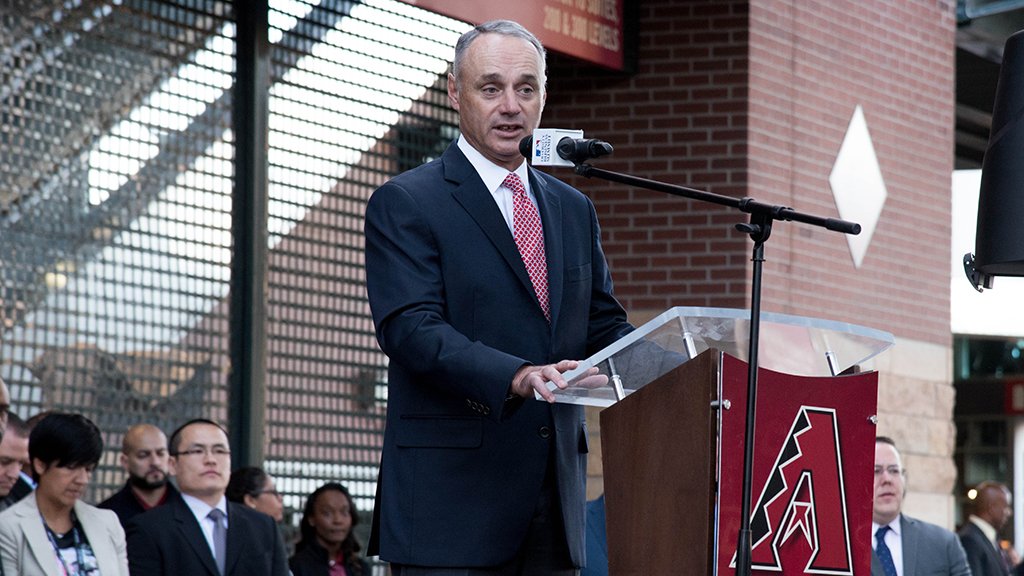MLBDiversity's tweet photo. Commissioner Rob Manfred takes the stage in Arizona with Wendy Lewis and Ken Kendrick  to open the Summit. https://t.co/unG6C44Sva