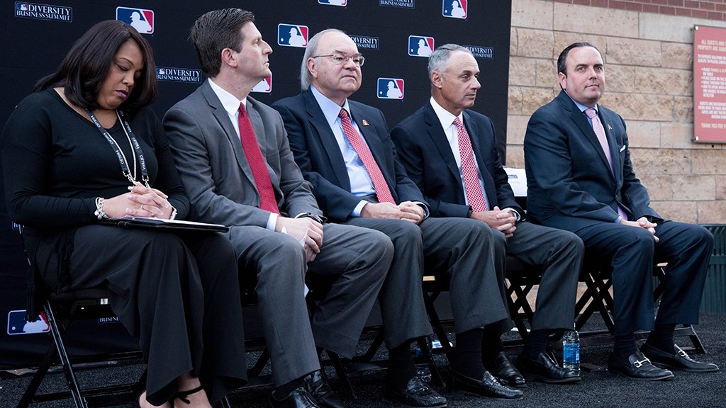 MLBDiversity's tweet photo. Commissioner Rob Manfred takes the stage in Arizona with Wendy Lewis and Ken Kendrick  to open the Summit. https://t.co/unG6C44Sva