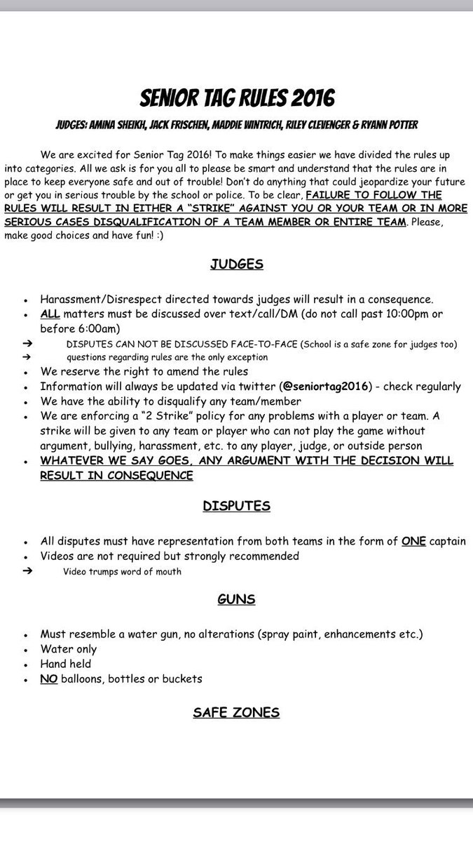 seniortag2016's tweet photo. Here r the 2016 Senior tag rules!
Any question or comments DM @seniortag2016 🎉 the bracket will be out spring break https://t.co/Bru7FwcFsf