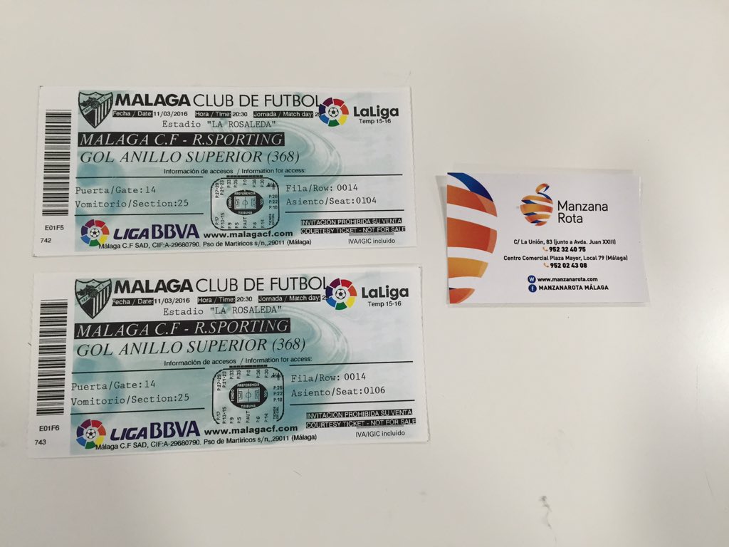 Manzana_Rota's tweet photo. Sorteamos 2 entradas para el MÁLAGA C.F. - R.SPORTING PARA EL 11/3/16 en la Rosaleda. Debes ser seguidor y retweet https://t.co/ZhlCbqN7uE