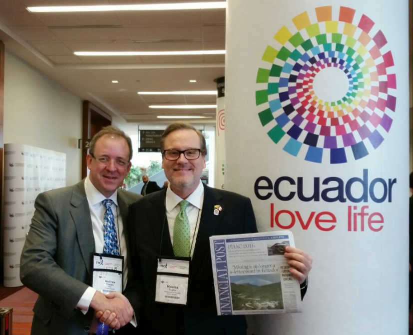 EmbajadaEcuCAN's tweet photo. Ambassador Nicolás Trujillo and Mr. Andrew Cheatle, Executive Director of @the_PDAC sharing good news this morning. https://t.co/xYavfb9Tzm