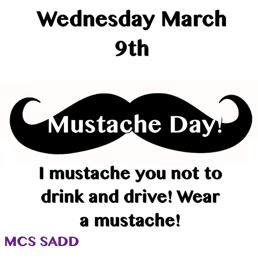 MCS_SADD's tweet photo. Tomorrow is mustache day! Don't forget to wear your best mustache! #mcssadd#spiritweek#support#mustacheday https://t.co/ME7UbMagFd