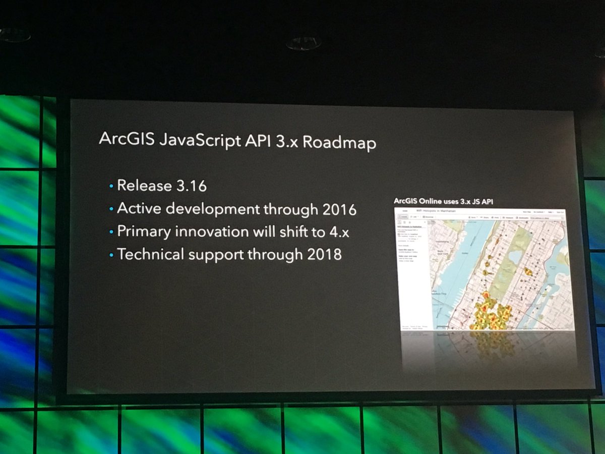 blueraster's tweet photo. Roadmap for ArcGIS JS API 3.0 - 4.0 out Q2 2016 - start thinking migration plans. new apps on 4.0 only #DevSummit https://t.co/D0MqQIO5TK