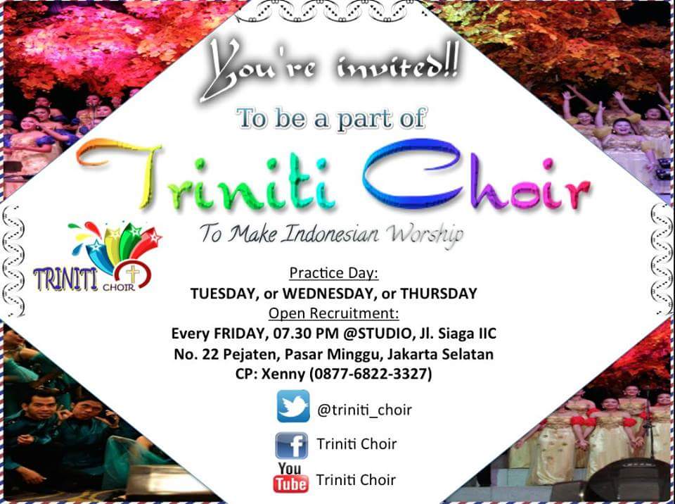 TRINITI CHOIR open requitment nih.. Bagi kalian yg rindu pelayanan yuks bergabung. CP dewi: 082213446250 <a href="/PS_Untar/">Paduan Suara Untar</a>