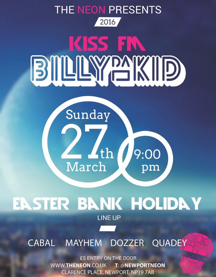 ITSCANDYEVENTS's tweet photo. Can't wait for this BANK HOLIDAY! @billydakiduk playing at The Neon with a great line up! #Neon #Newport #BeCandy https://t.co/mYsM3UCvSx