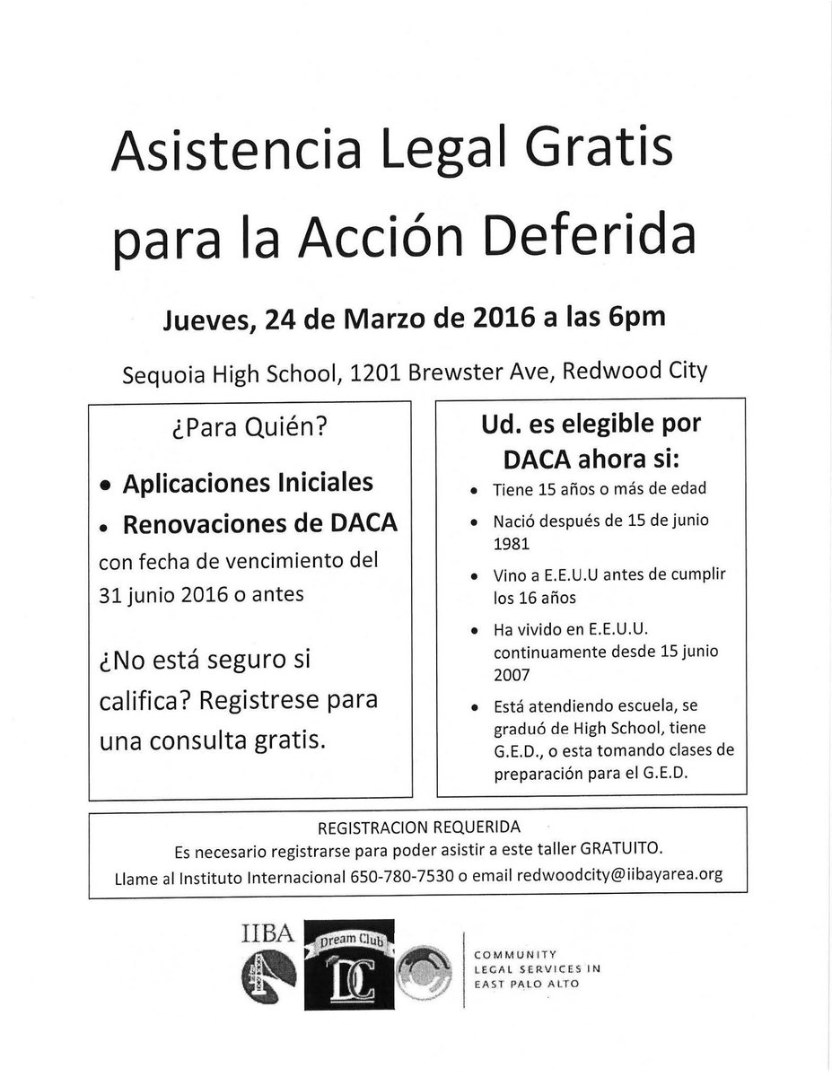 Free DACA Workshop at Sequoia High School on Thursday, March 24 @ 6pm!