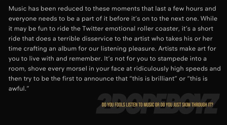 2DopeBoyz's tweet photo. Is the art of actually enjoying an album dead? https://t.co/CHi9trXl3v https://t.co/Kc2uY4zGXv