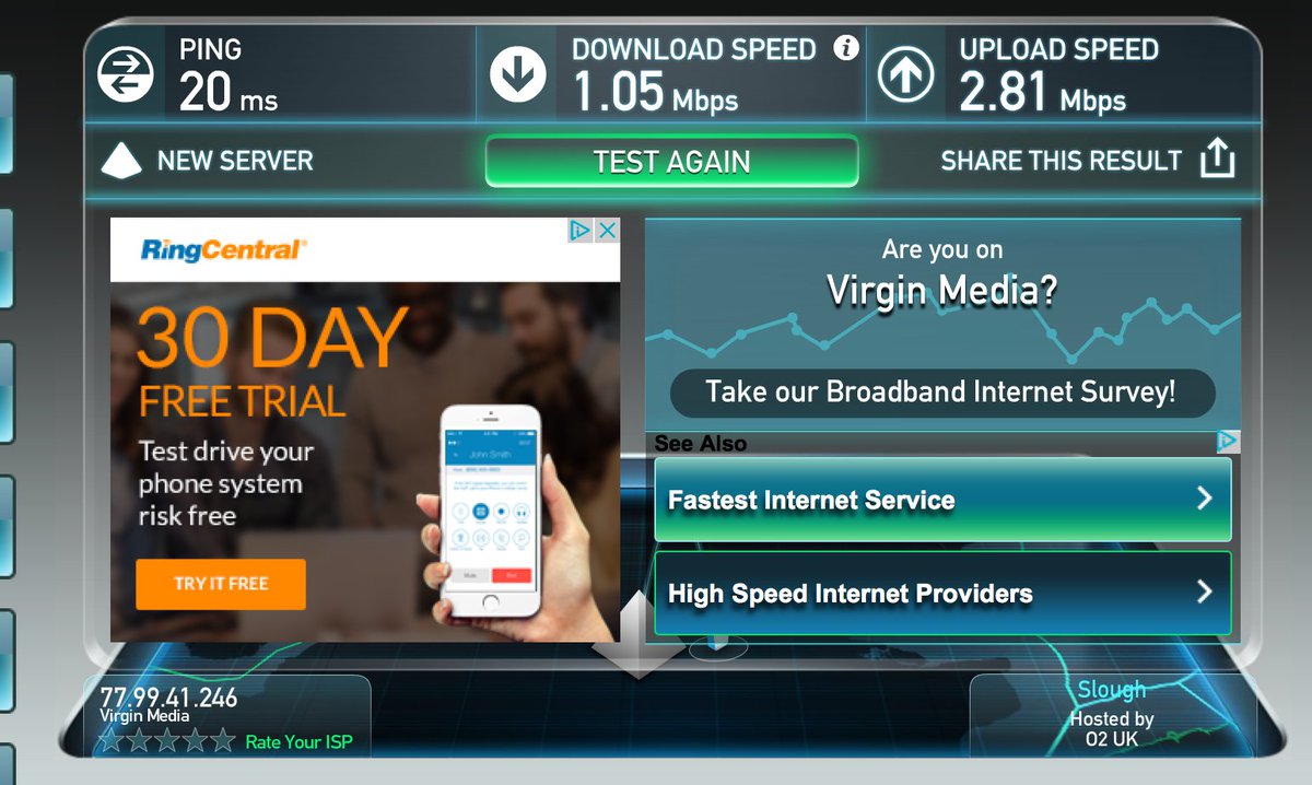DadsPaperPlane's tweet photo. update at 2030 #virginmedia #broadband 100mbps connection's actual speed https://t.co/2b8Q0Bq8pK