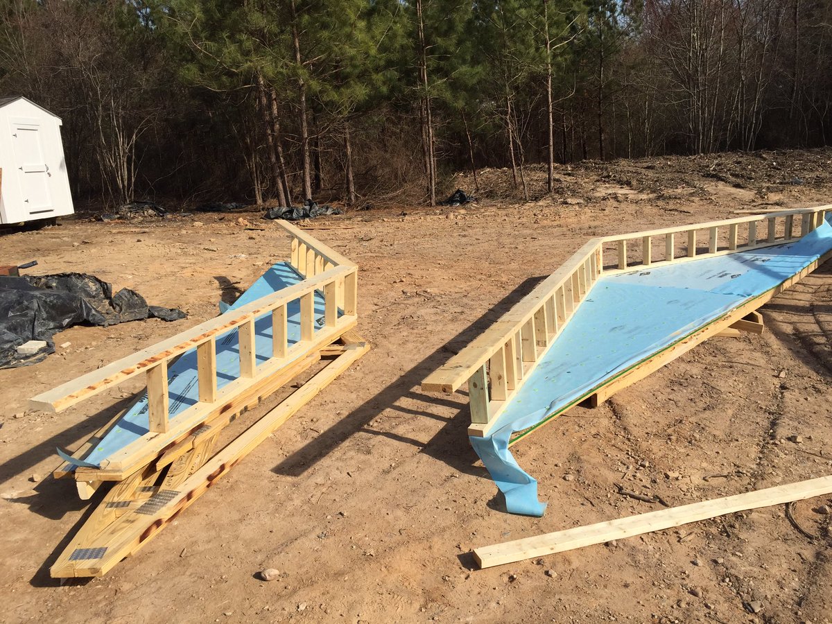 RWUHFH's tweet photo. Day 2 we built some trusses, put in a sprinkler system, and finished all of the interior wall frames!#RWUhabitatNC https://t.co/jDZrQf0Ime