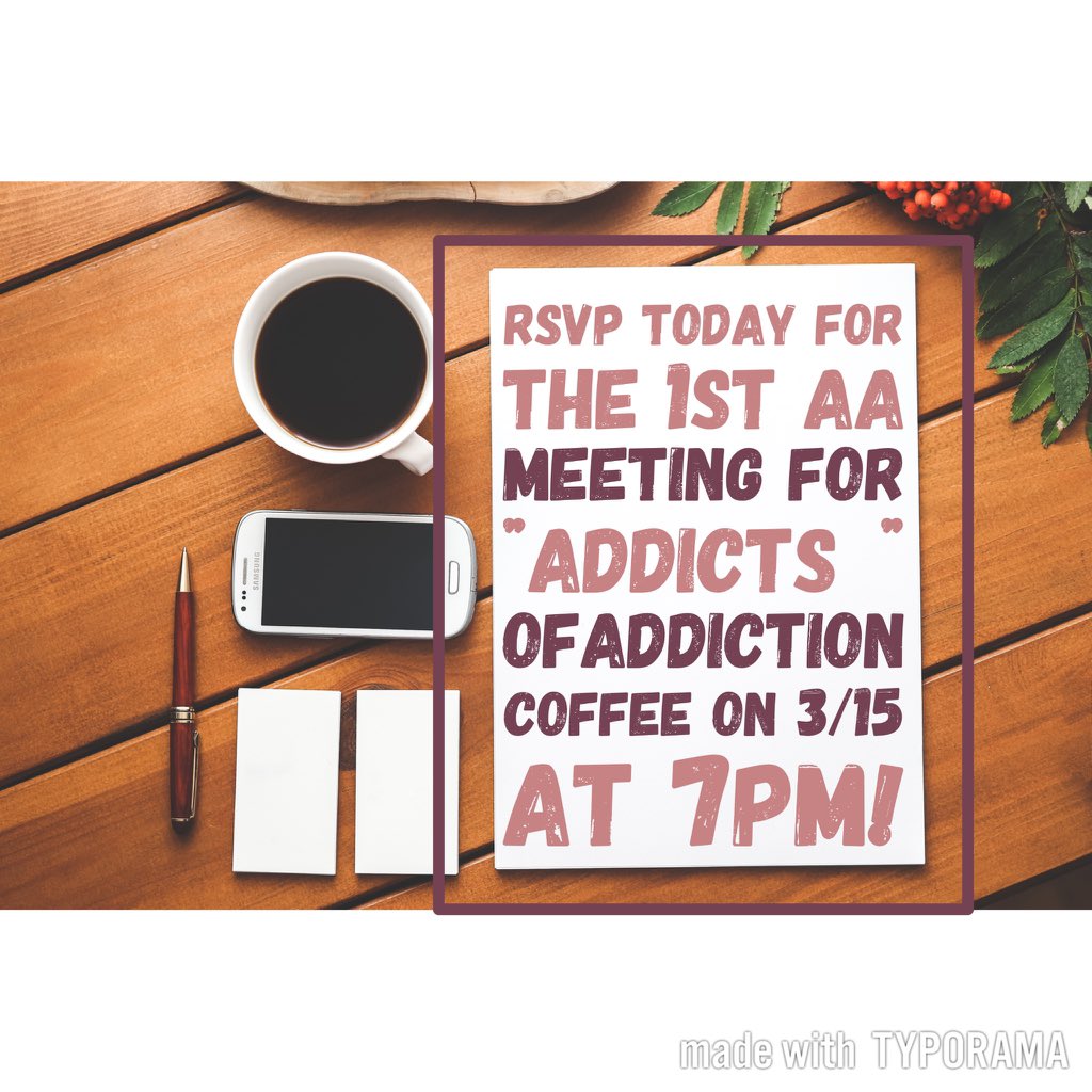 AddictionNOLA's tweet photo. Have you RSVP'd? Deadline for the 1st AA meeting is March 10th! https://t.co/CzZkmP0JI6 #addictioncoffee https://t.co/Y7cqcrxpPF