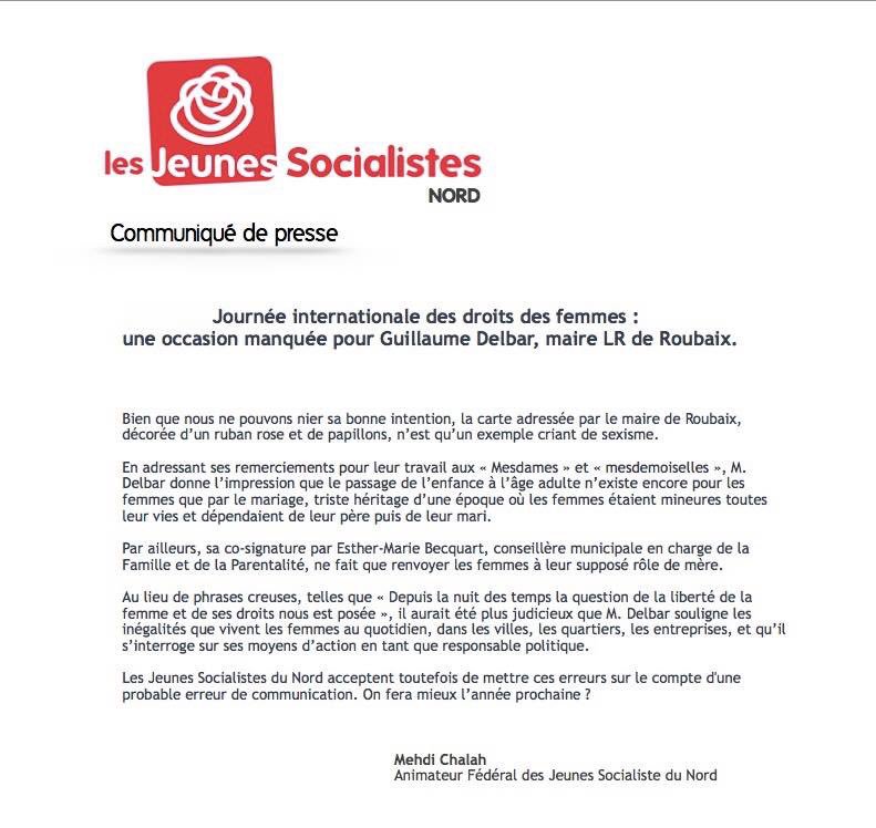 JeunesSocNord's tweet photo. Journee internationale des droits des femmes : une occasion manquée pour @GDRoubaix maire #LR de #Roubaix ! https://t.co/0z0g5mZmjq