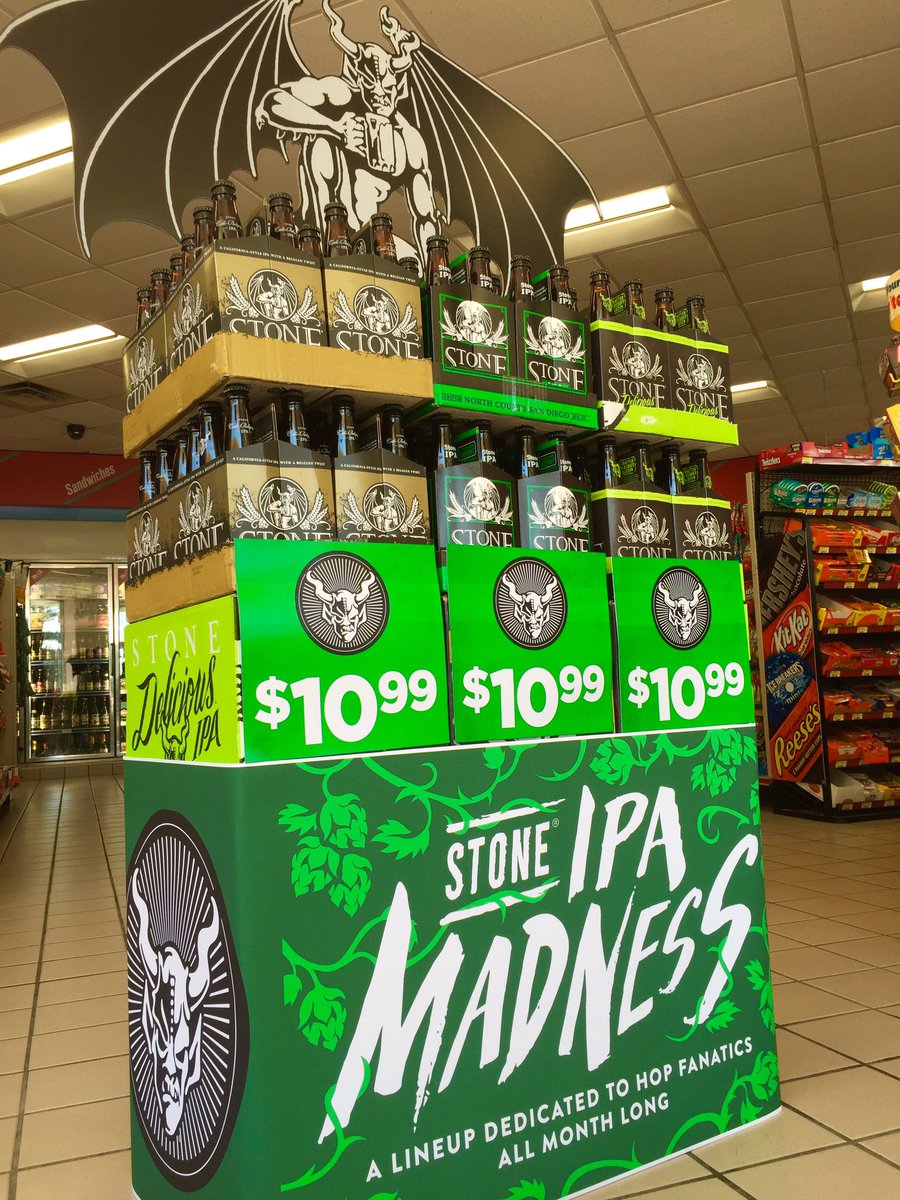 CraftBeerNear's tweet photo. The classic Stone gargoyle perched high atop a mountain of @StoneBrewingCo beers! Thanks to @CavBeerOH #cbauthority https://t.co/uQeGsC7efs
