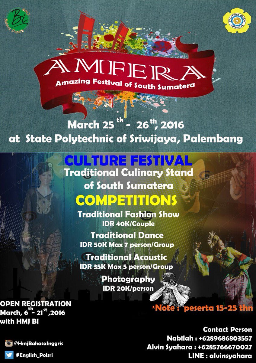 Bismillahirohmanirrohim.. HMJ BI present "AMFERA" AMAZING FESTIFAL OF SOUTH SUMATERA 🎆🎉 Come and Join us guys 📣📣📣