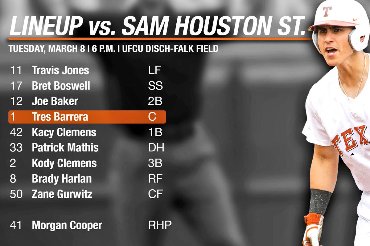 TexasBaseball's tweet photo. Last time, we promise. Tonight's lineup vs. Sam Houston State. ๐ค #HookEm https://t.co/XNTz1Mf8Z4