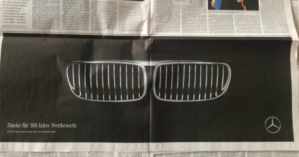 chrisriddell's tweet photo. BMW celebrate their 100th birthday. An unlikely company congratulated them, Mercedes-Benz #CollaborativeCompetition https://t.co/0Kc7p1rbD4