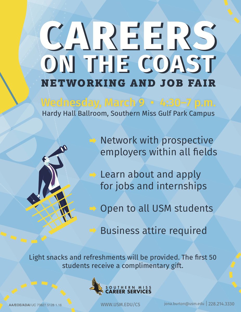 USMCareerSrvcs's tweet image. Careers on the Coast is tomorrow! Get dressed up, get ready and get there! #SMTTT!