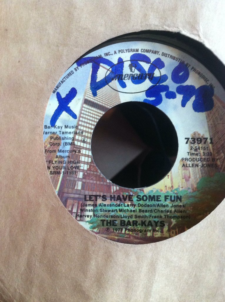 bloozdad's tweet photo. How white are you that you have to write "disco" on a late seventies BarKays 45? #realtalk https://t.co/qVfIhyb0ce