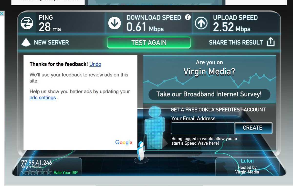 DadsPaperPlane's tweet photo. 0000 hrs update, #virginmedia #broadband 100mbs actual speed. with no #customerservice response since afternoon. https://t.co/fj2SfbvwPT