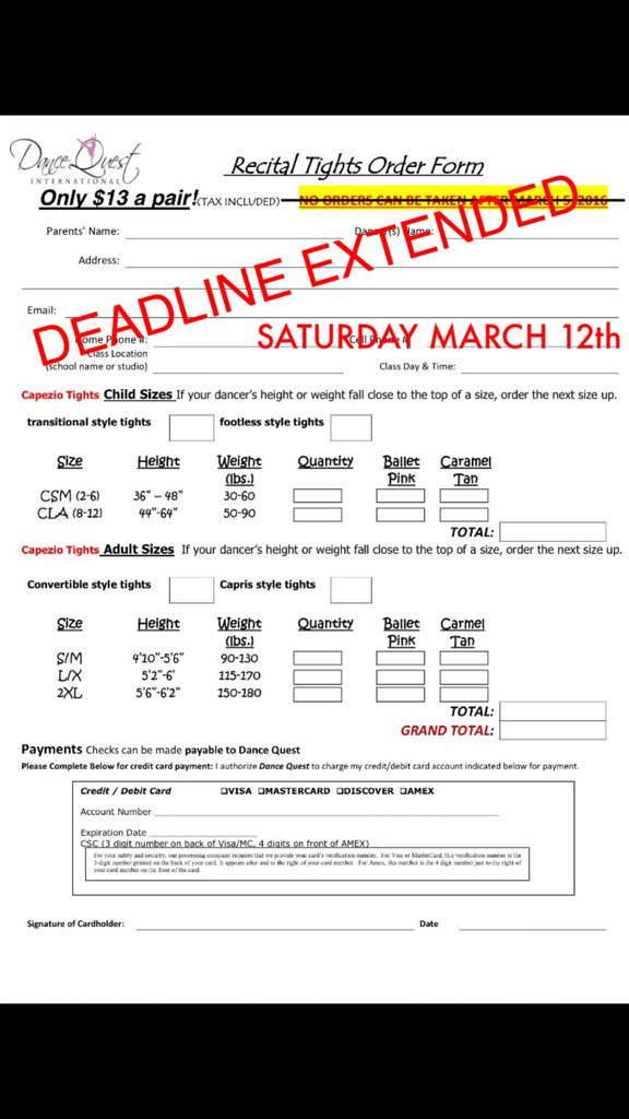 It's your day! We have extended the Tights Order Form deadline to this Saturday, March 12th!
