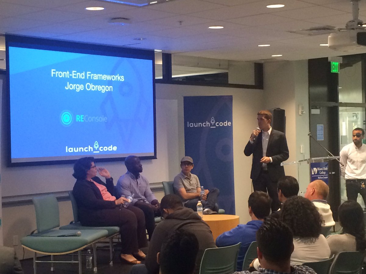 TweetsbyMatt's tweet image. #jorgeobregon of @1REConsole talking #javascriptframeworks @Launch_Code #SFLSpeaksLaunchCode