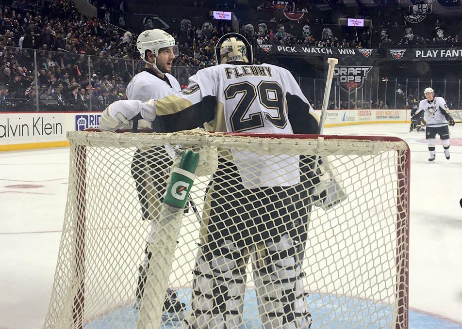 penguins's tweet photo. Just two friends catching up during the commercial break. https://t.co/hK2hxDb5aC