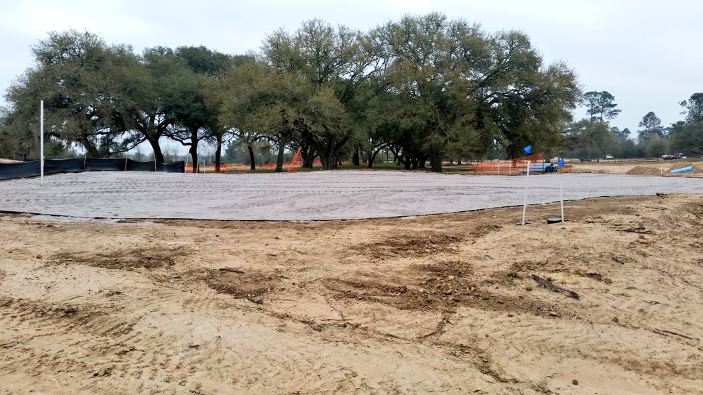 Sand-capped green;1 of 6 at this stage. Needing final contouring, then ready for sprigs. Welcoming green turf soon.