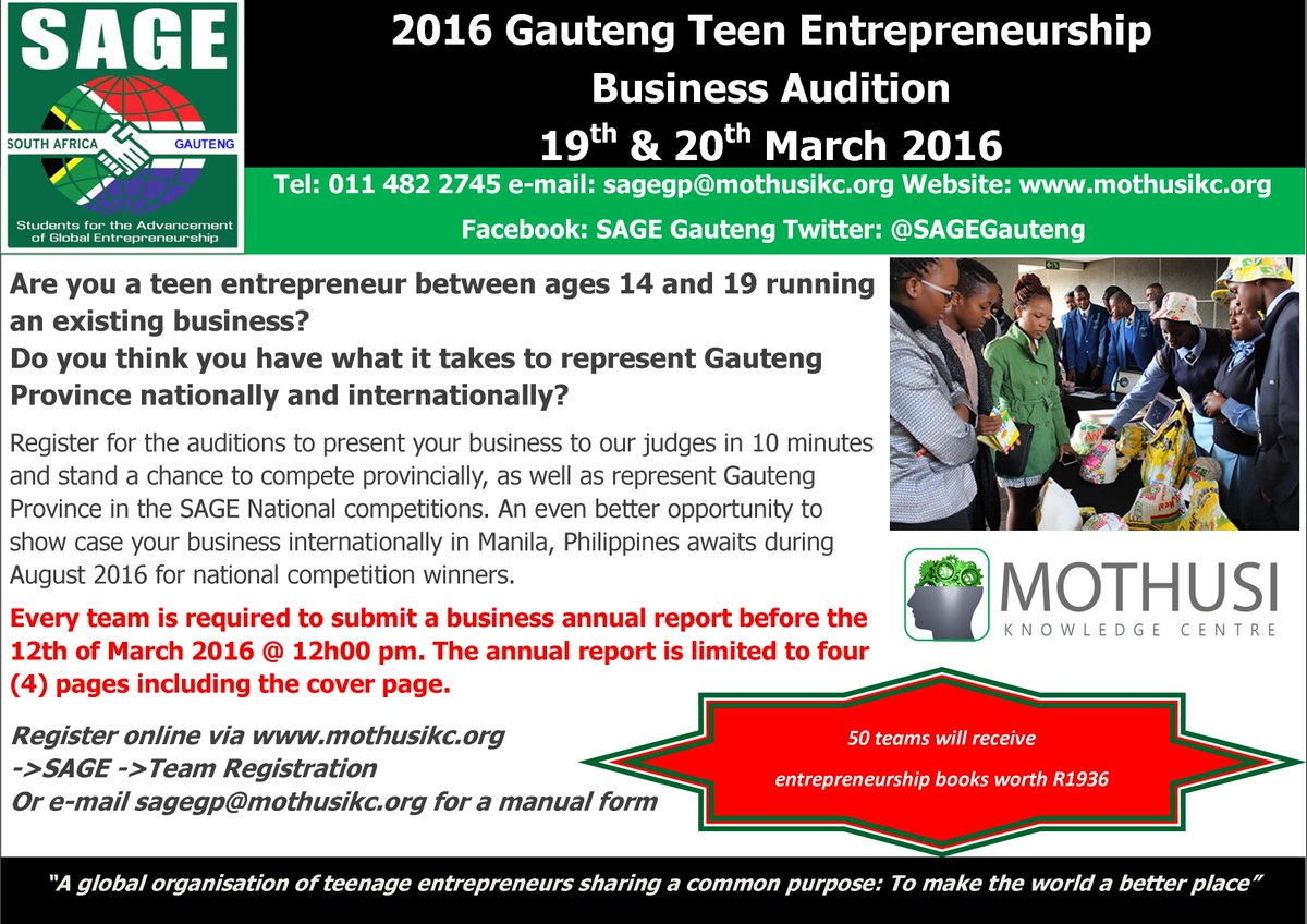mothusikc's tweet photo. @SAGEGauteng Teen Entrepreneurship Business Audition,
50 teams to receive business books worth R1936
19&amp;20Mar'16 https://t.co/2Js9Z0uyeI