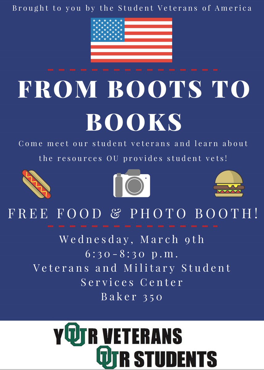 Come meet OUr student-veterans tomorrow evening! 6:30 to 8:30 pm in Baker 350!